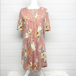 🌿Final Sale 
Oddy Floral‎ Knit Lace Up Neck Dress